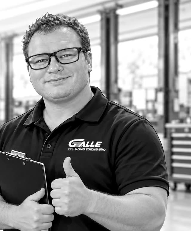 Jan Galle im schwarzen Poloshirt mit Klemmbrett in einer Werkstatt