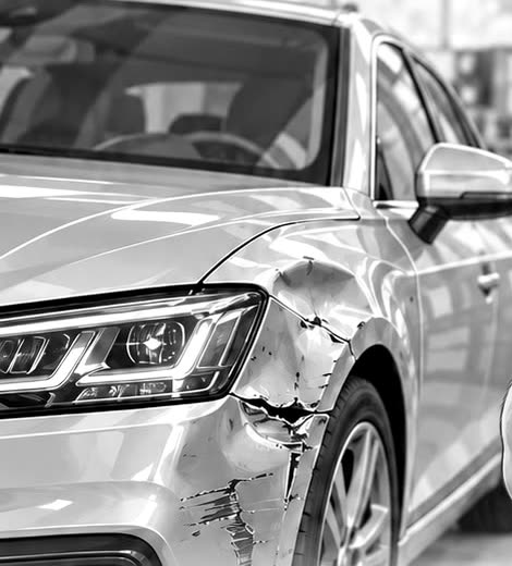 Beschädigte Fahrzeugfront links: eingedrückter Kotflügel, gerissene Stoßfängerverkleidung, Scheinwerfer